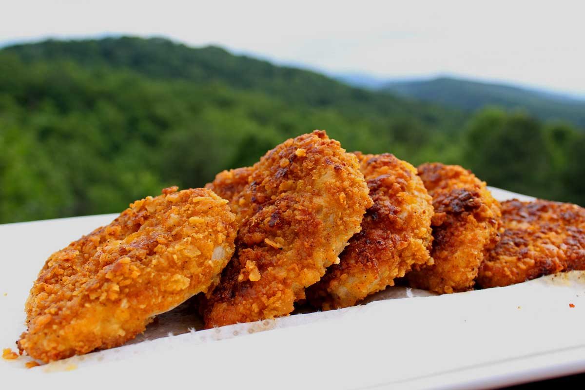 cracker crumb pork chops on platter with mountain background