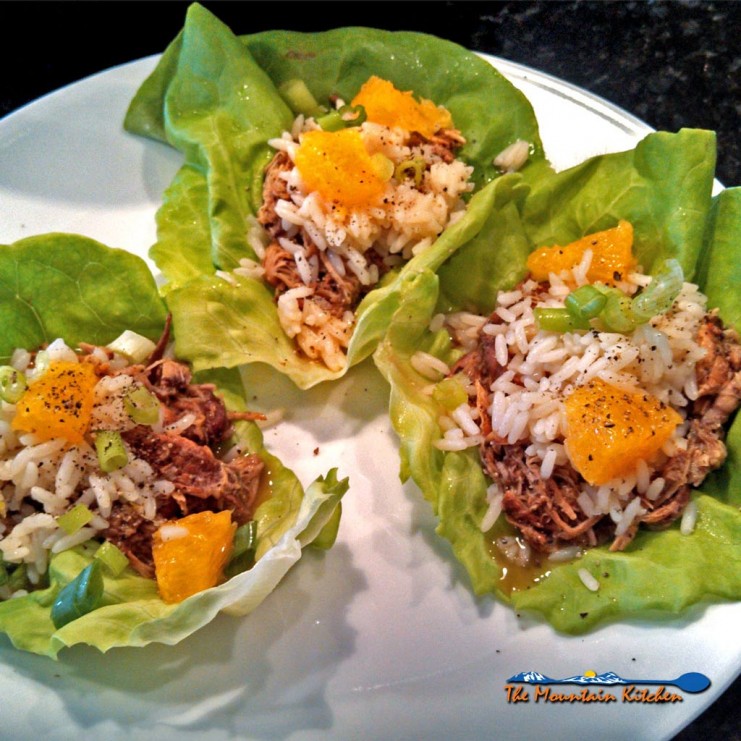 Balsamic-Ginger Chicken slow cooked in a sweet and tangy balsamic-ginger sauce, served shredded, wrapped in lettuce leaves with rice oranges and scallions. | TheMountainKitchen.com