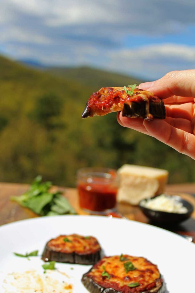 Julia Child's eggplant pizzas are low-carb and gluten-free, made using eggplant slices in place of traditional pizza crust. The eggplant slices are topped with warm tomato sauce, piled high with cheese and so good you'll totally forget about pizza crust. | TheMountainKitchen.com