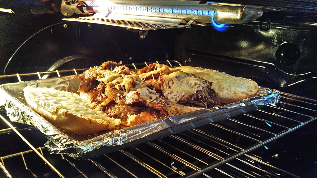 brisket sandwich in oven under broiler