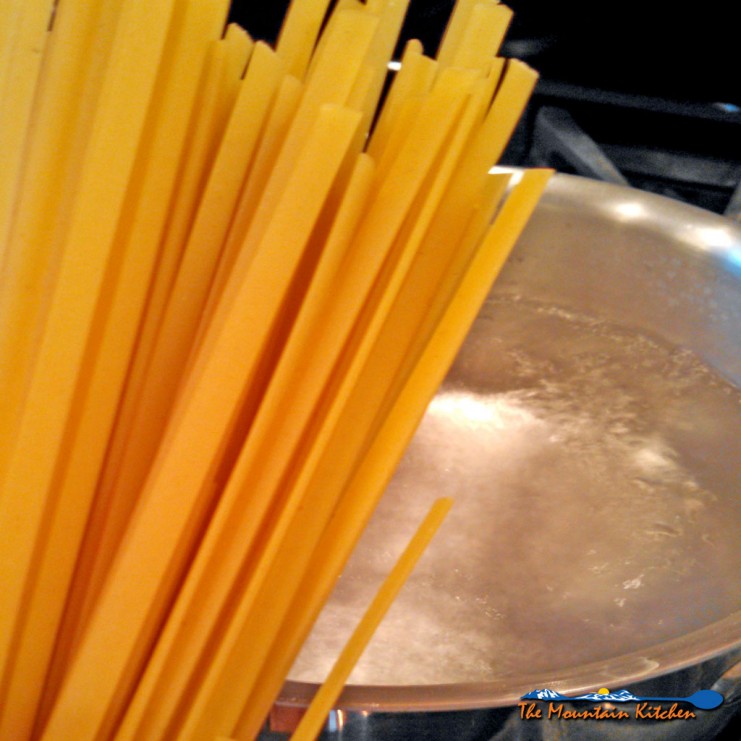 pasta in front of pot of boiling water