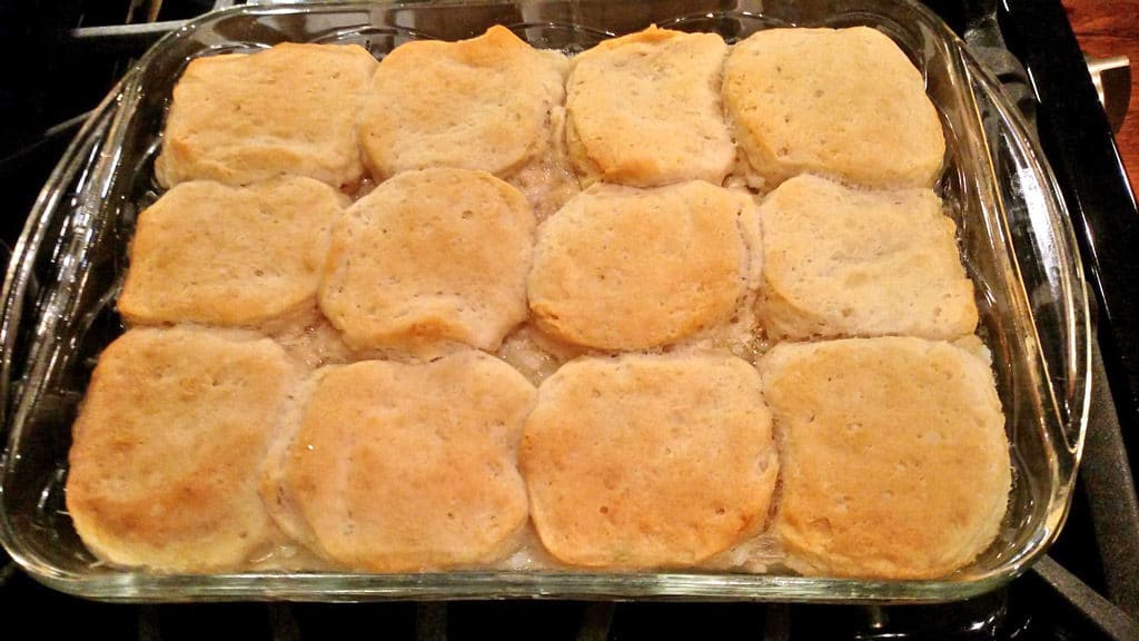 browned biscuits baked on top of casserole