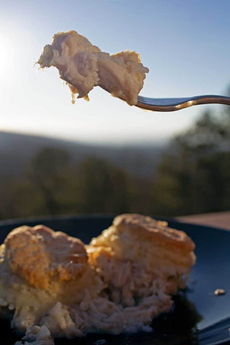 a bite of casserole on fork