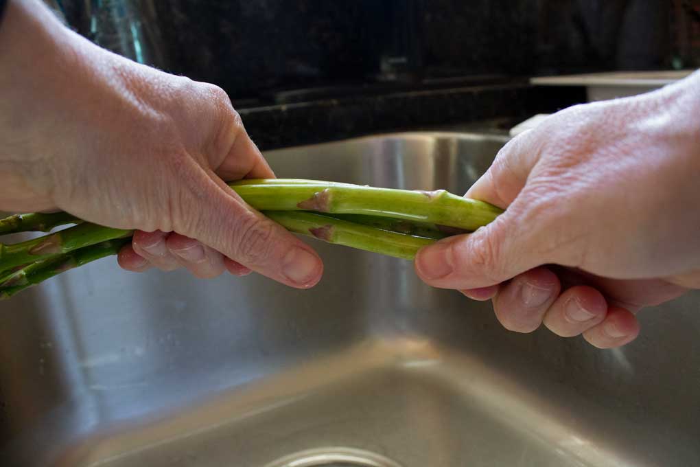 breaking a few asparagus with hands