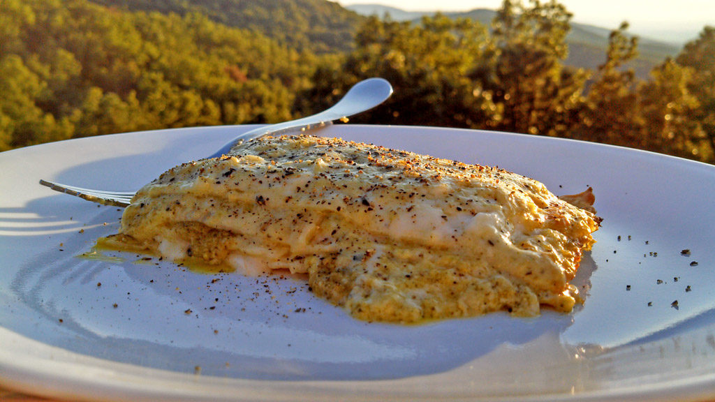 pesto lasagna with mountain view