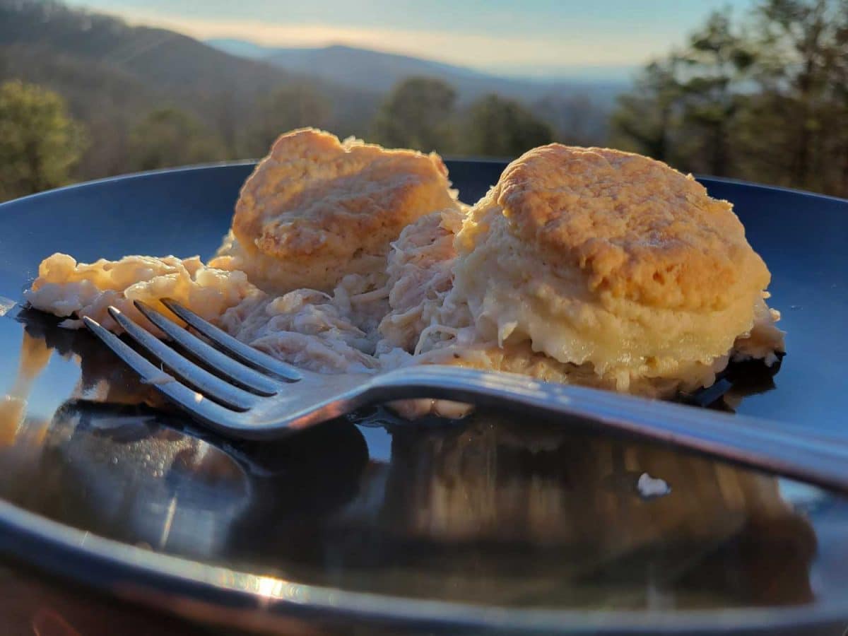 chicken and rice with biscuits on top on a plate ready to eat