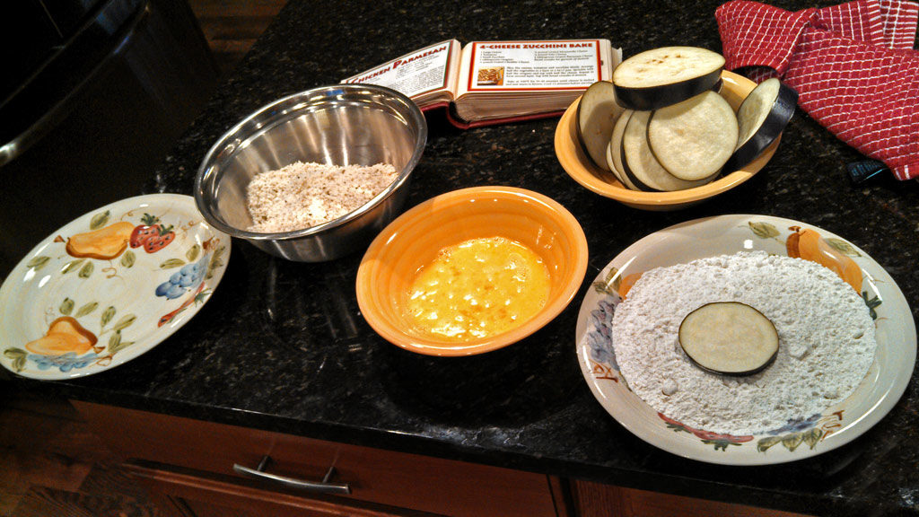 breading station for eggplant slices