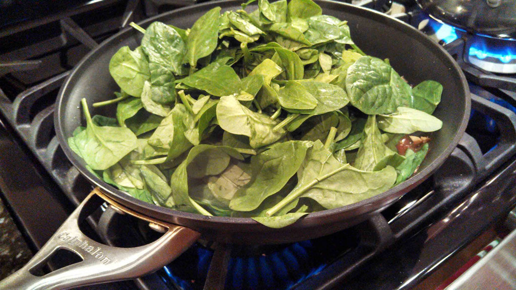 spinach added to skillet