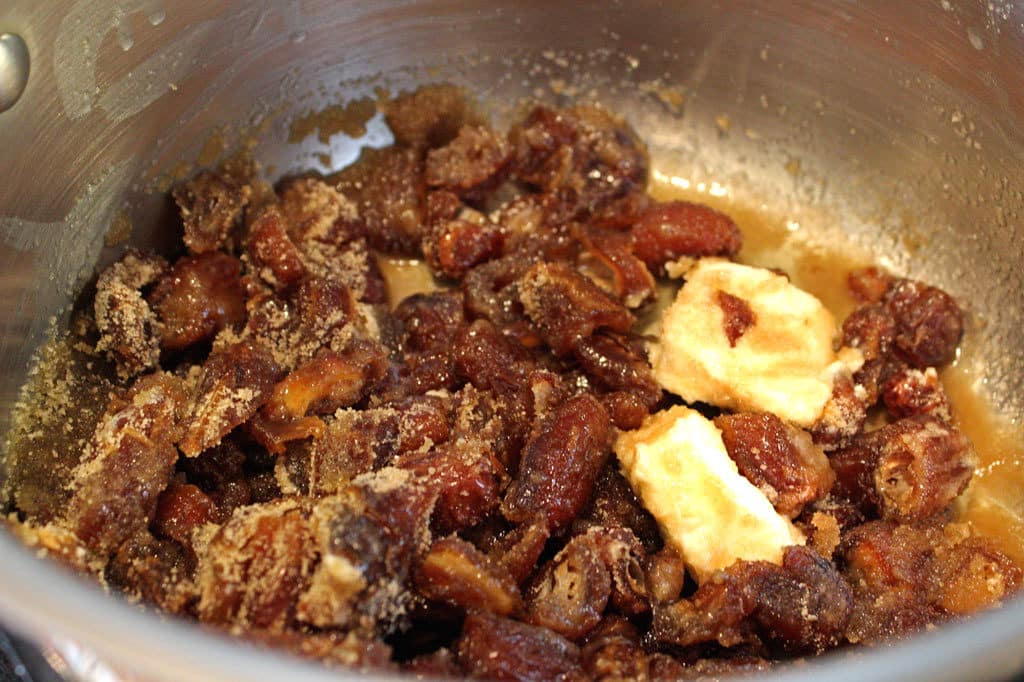 brown sugar, dates, butter in pot