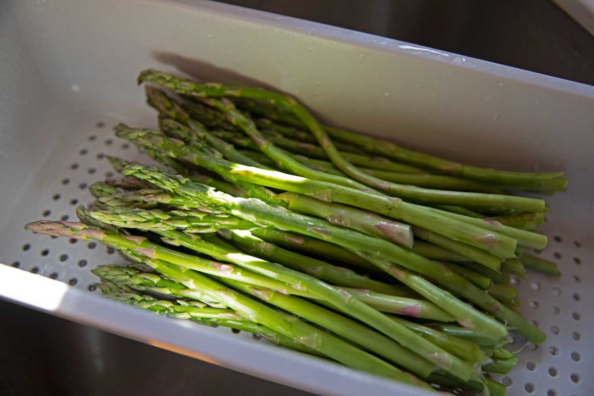 fresh asparagus washed and draining in a colander