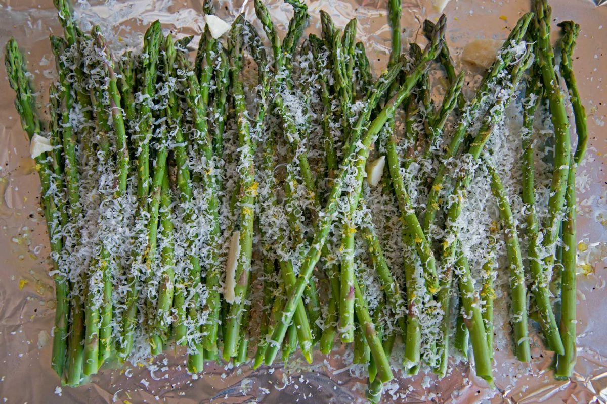 seasoned asparagus sprinkled with lemon zest and cheese
