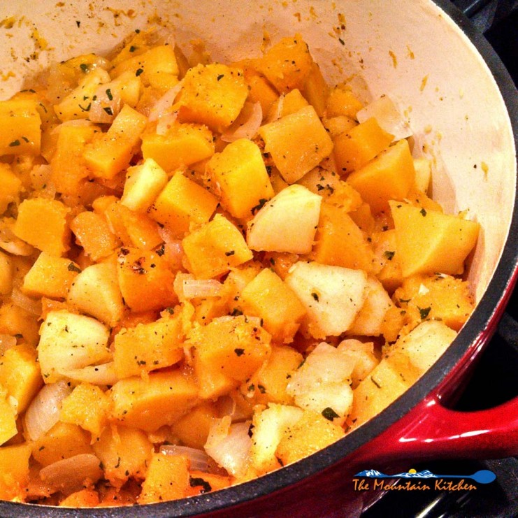 The sweet butternut squash, apples, and onions, cook down quickly in this Farmhouse butternut squash soup, into a thick, velvety soup laced with fresh sage. | TheMountainKitchen.com