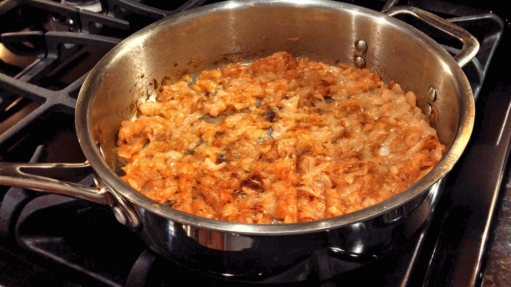 browned onions in pan