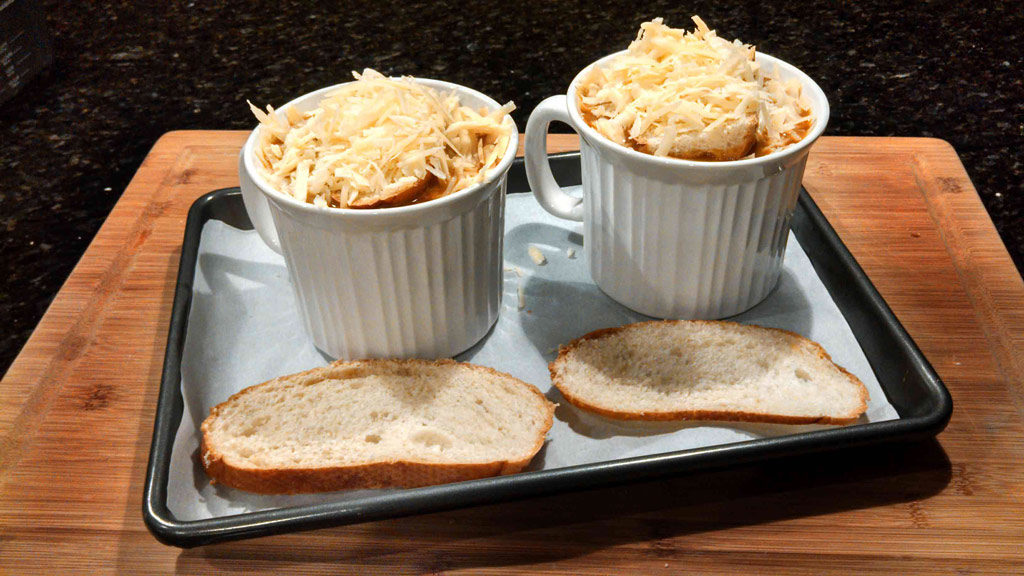 Healthy French Onion Soup topped with cheese