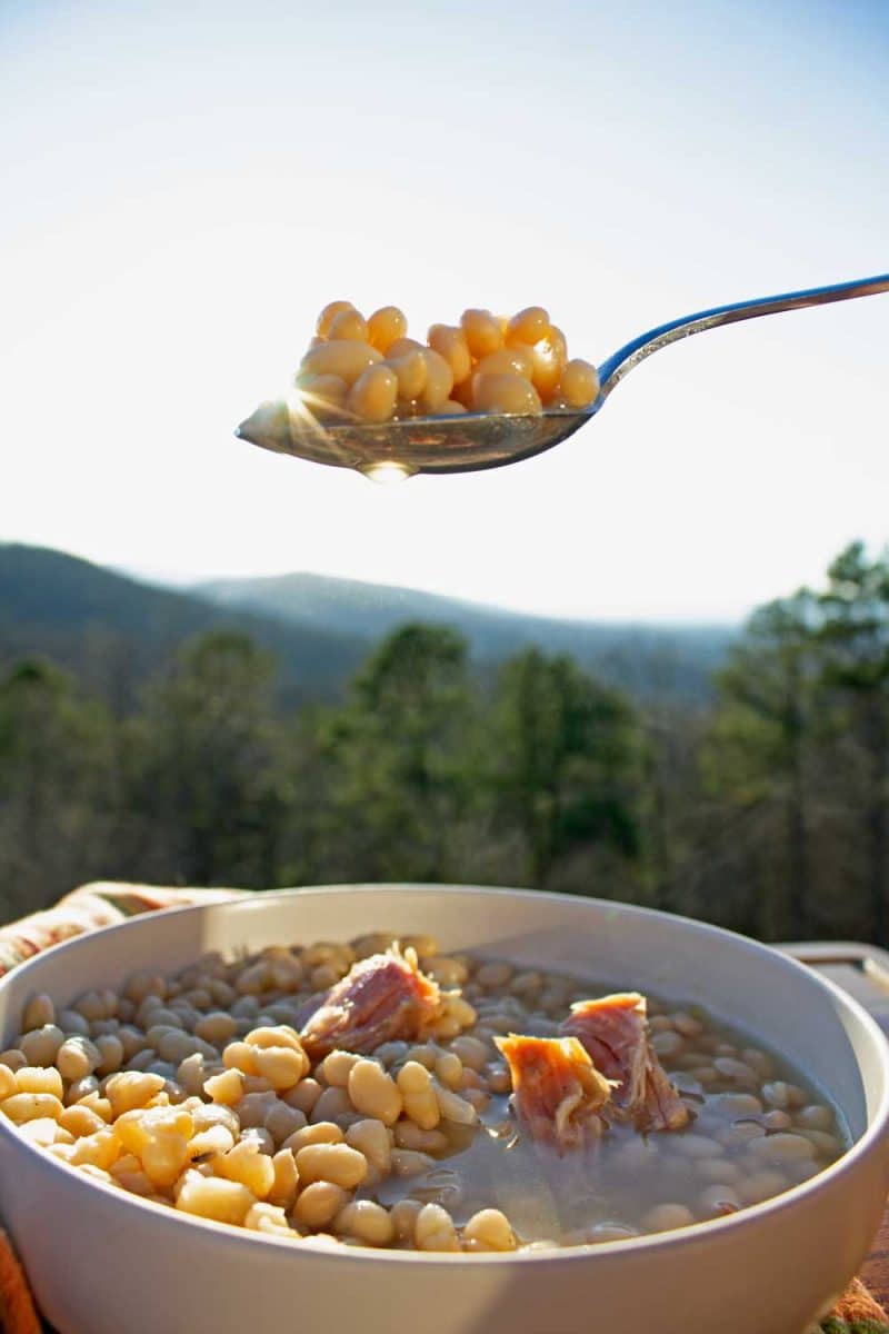 spoonful of beans over bowl