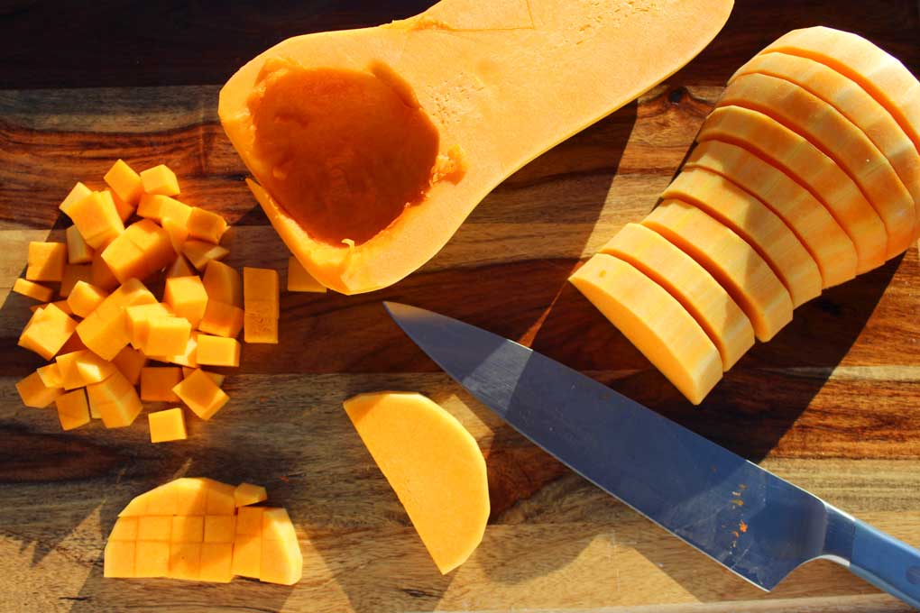 butternut squash cut on cutting board