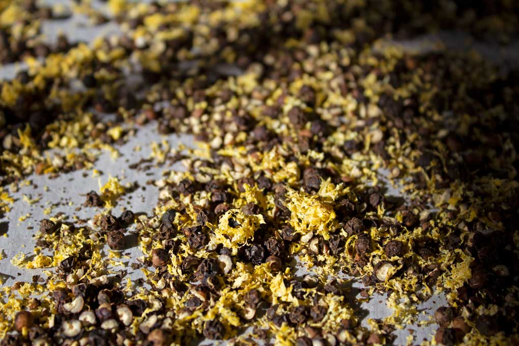 dried lemon zest and peppercorns for lemon pepper seasoning