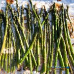oven-roasted asparagus on sheet pan ready to eat