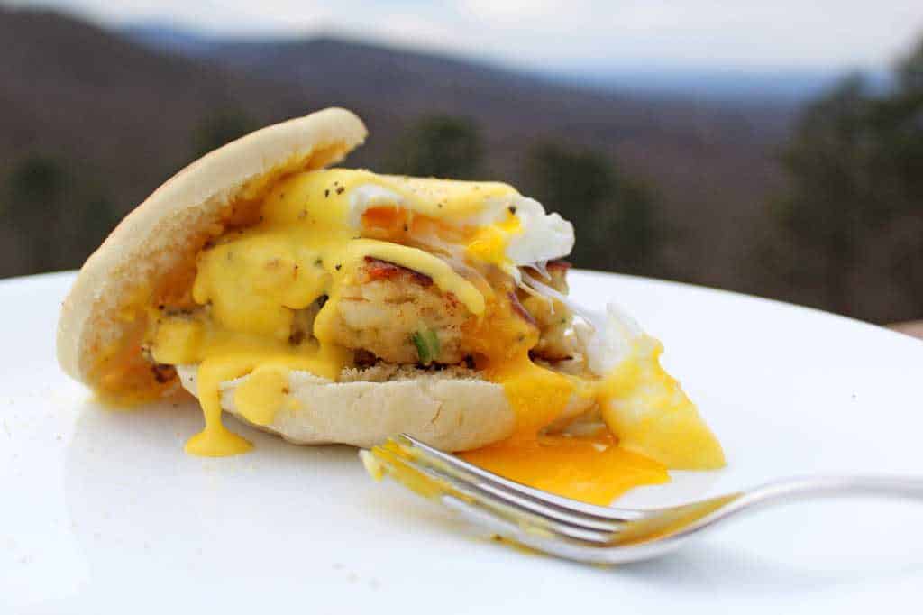 Crab Cakes Eggs Benedict with mountain view