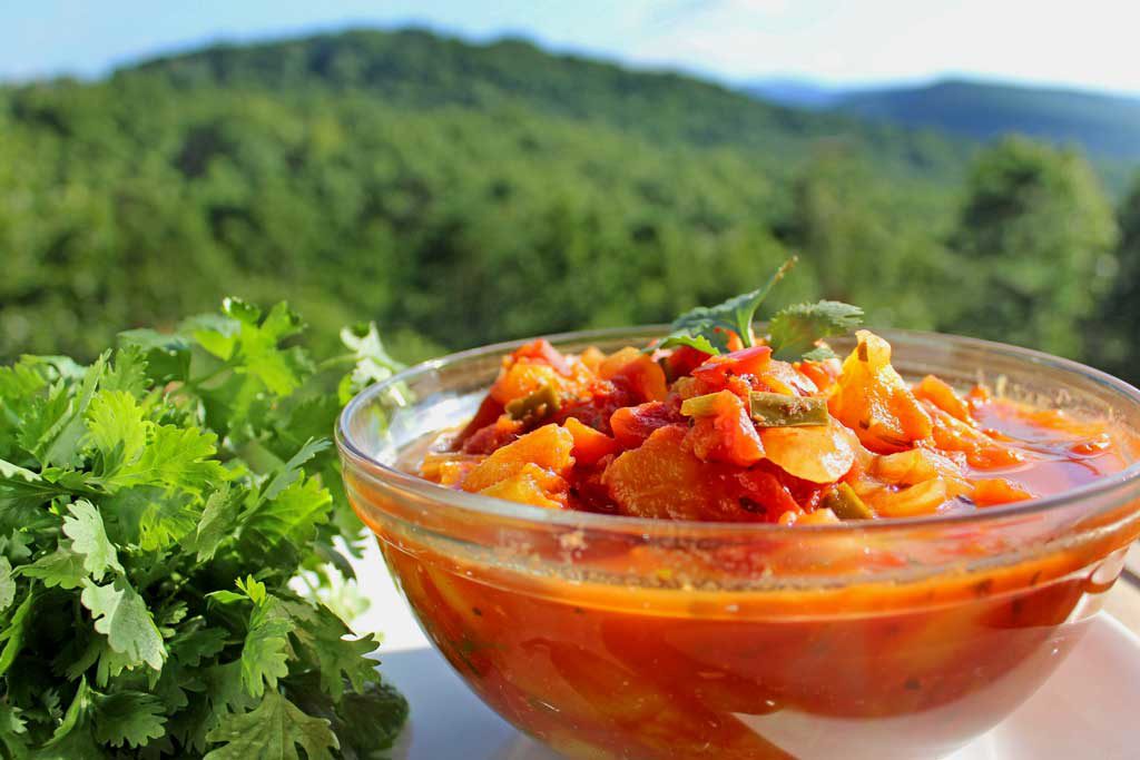 Mango Salsa in bowl with mountain view