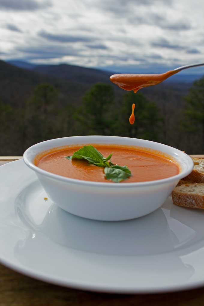 roasted tomato soup dripping in bowl with mountain view