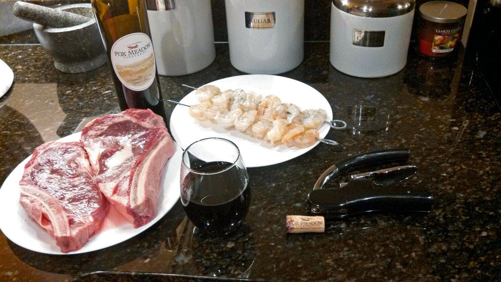 steaks and shrimp ready to cook