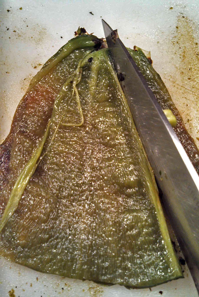 slicing poblano into strips