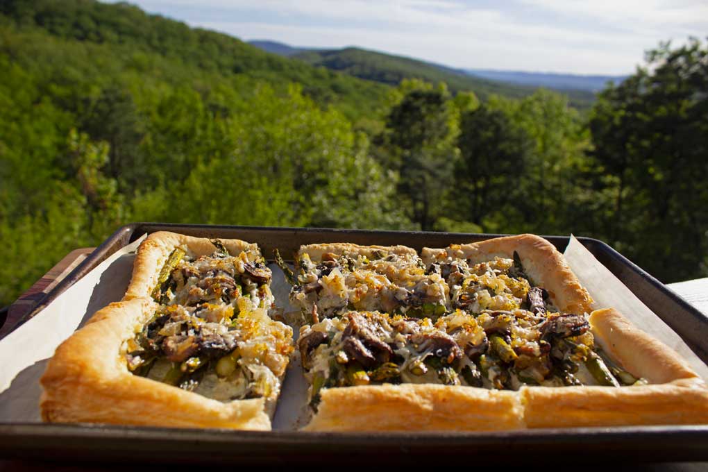 asparagus-ricotta tart with mountain view