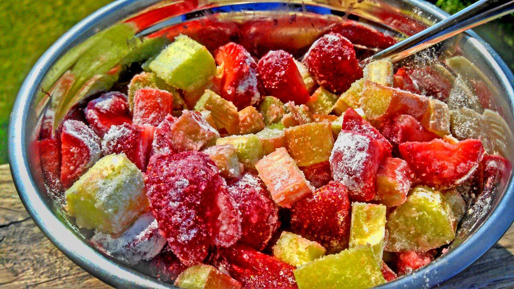 Strawberry Rhubarb Crisp ~ Strawberries and rhubarb coated in sugar with a brown sugar oat topping with warm tones of cinnamon, nutmeg and ginger. | TheMountainKitchen.com