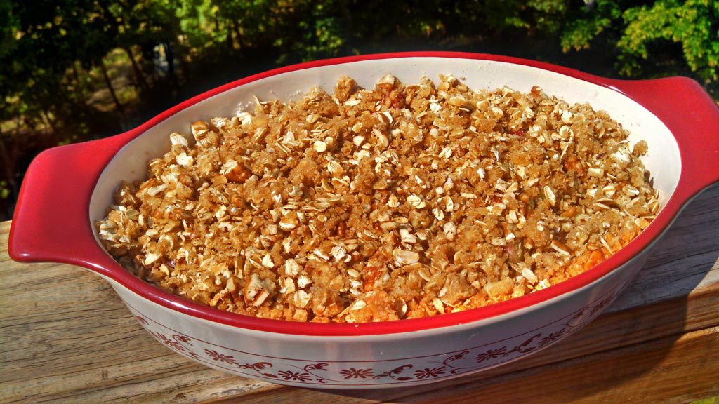 Strawberry Rhubarb Crisp ~ Strawberries and rhubarb coated in sugar with a brown sugar oat topping with warm tones of cinnamon, nutmeg and ginger. | TheMountainKitchen.com