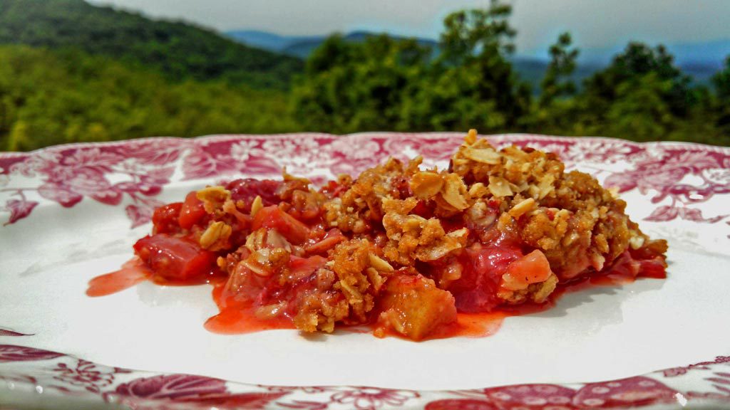 Strawberry Rhubarb Crisp ~ Strawberries and rhubarb coated in sugar with a brown sugar oat topping with warm tones of cinnamon, nutmeg and ginger. | TheMountainKitchen.com