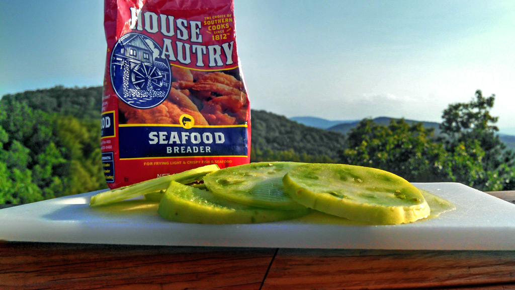 sliced green tomatoes with seafood breader