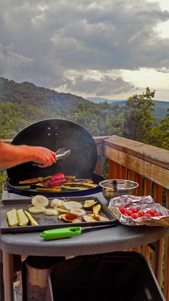 Summer squash, eggplant, zucchini, bell pepper, mushrooms and tomatoes all grilled to make a warm grilled vegetable salad with bread and dressing. | TheMountainKitchen.com