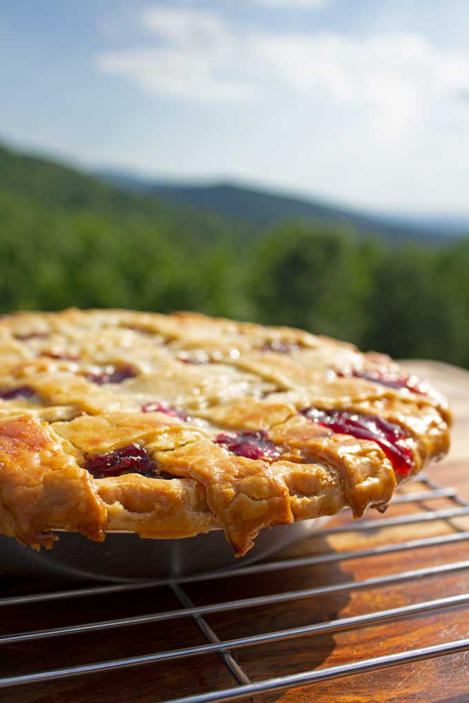 cherry pie with mountain view in background