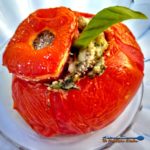 These vegetarian stuffed tomatoes are so yummy! Beefsteak tomatoes stuffed with mushrooms, spinach and ricotta cheese, served with a fresh dijon dressing. | TheMountainKitchen.com