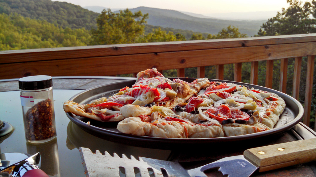 Grilled veggie pizza with mountain view