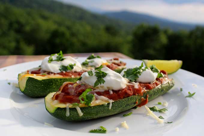 meatless Mexican zucchini boats with mountain view