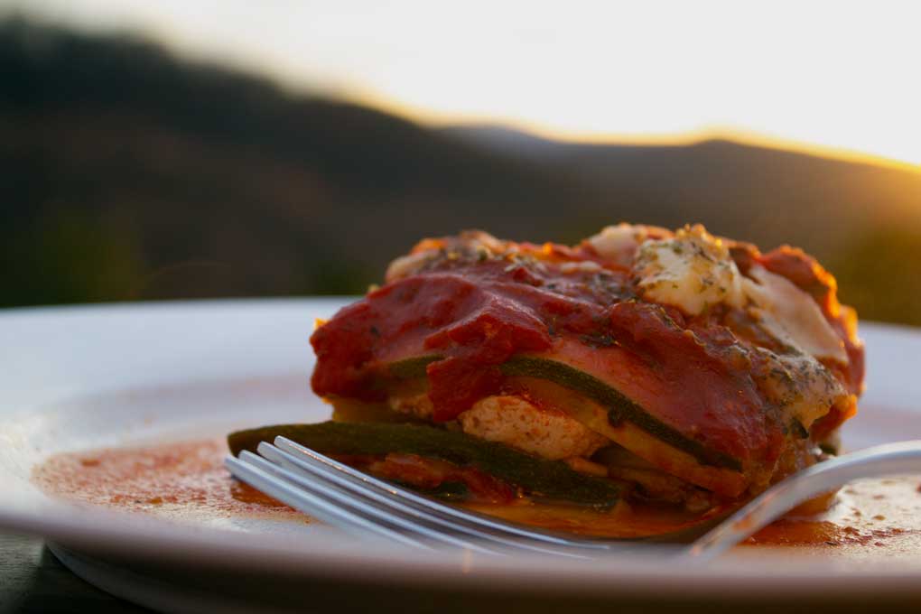 no-noodle vegetable lasagna with mountain view