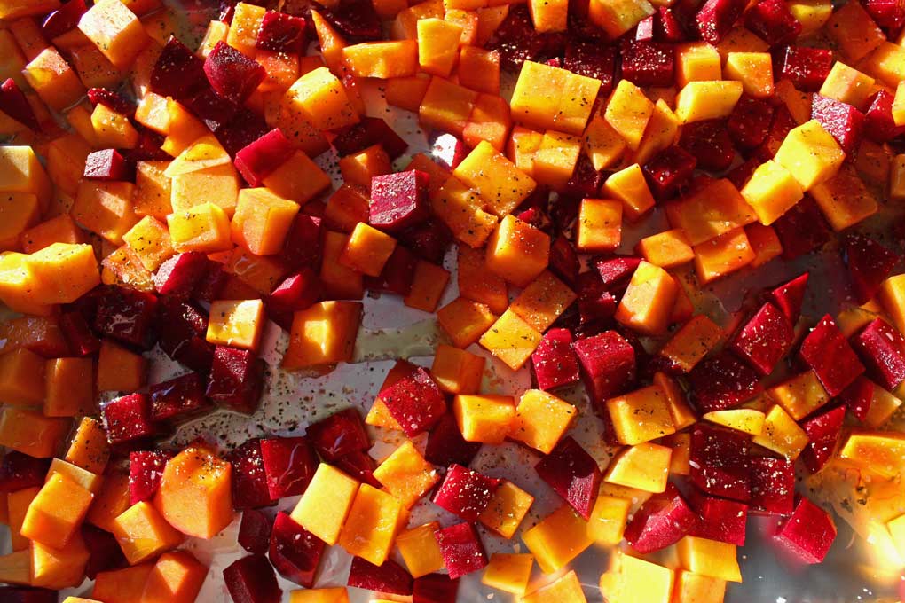 butternut squash and beets on sheetpan