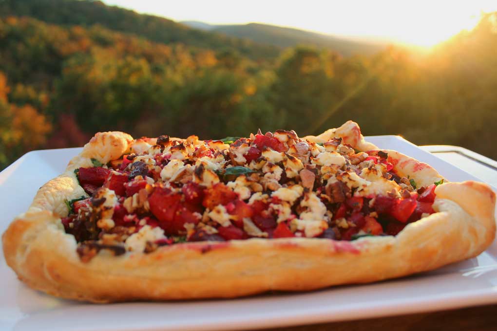 butternut squash and beet tart with mountain view