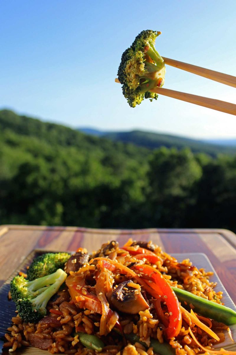 broccoli held up with chop sticks and mountain view