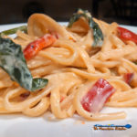 Red Pepper Spinach Linguine With Parmesan Cream Sauce with roasted red peppers, as the base of a parmesan cheese cream sauce with linguine and spinach. | TheMountainKitchen.com