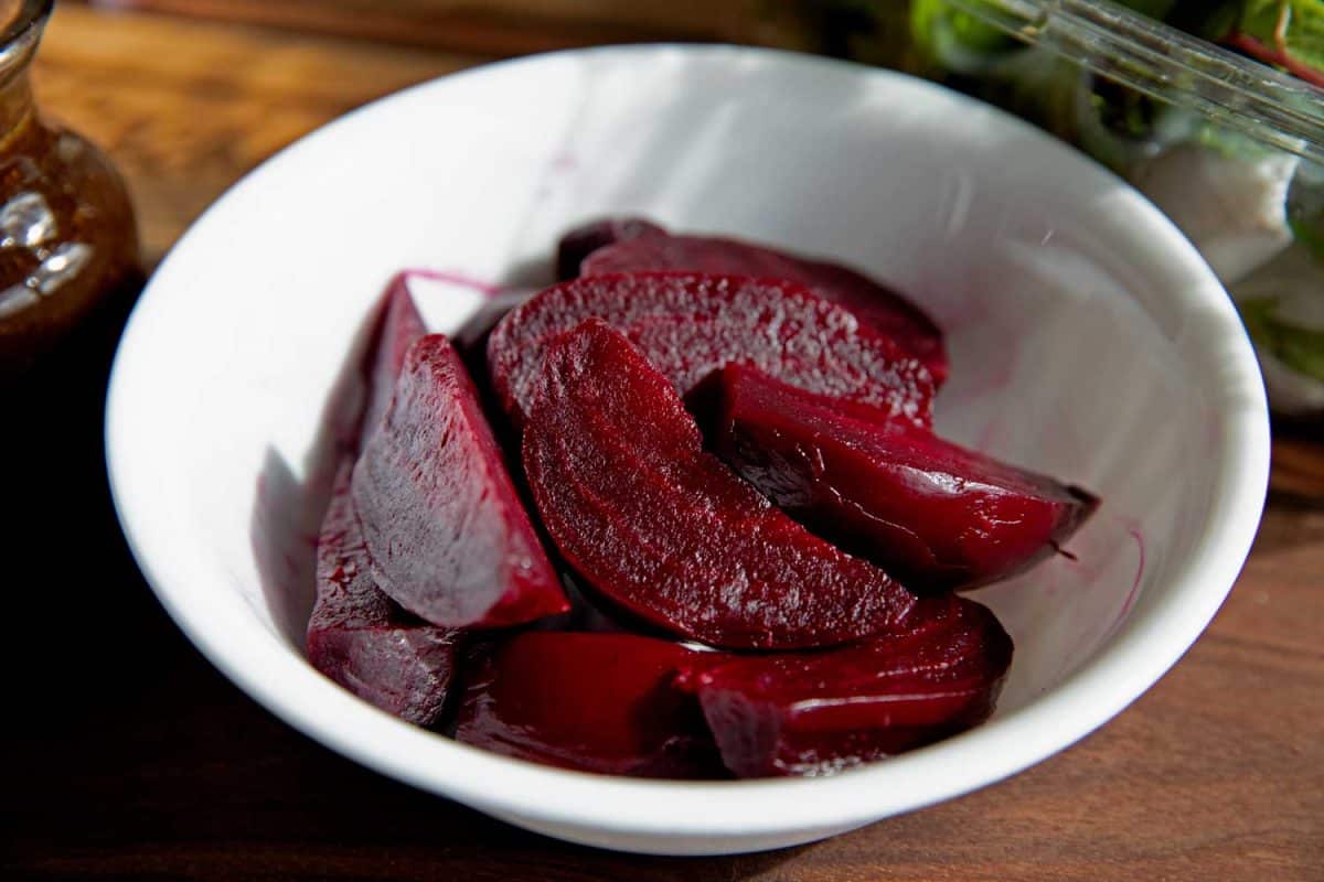 roasted beets sliced in bowl