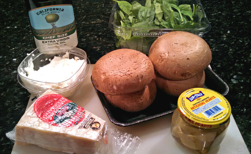 ingredients to make creamy spinach and artichoke stuffed mushroom recipe