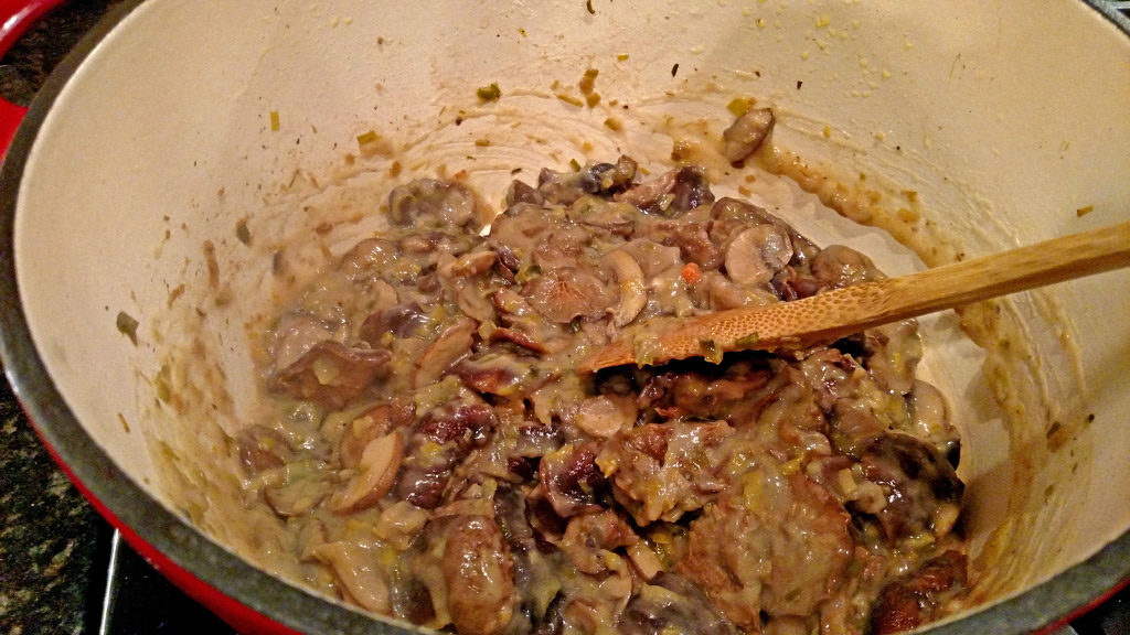 mushrooms in pot cooking into a pulp for cream of mushroom soup
