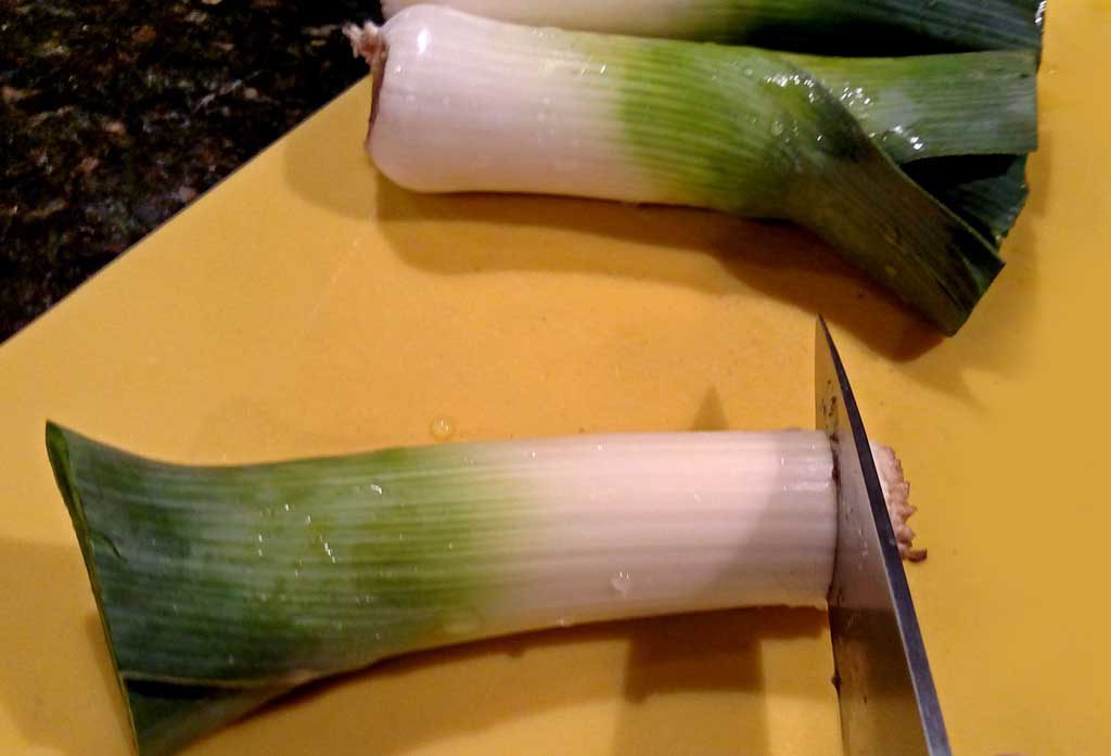 cutting leek with a knife