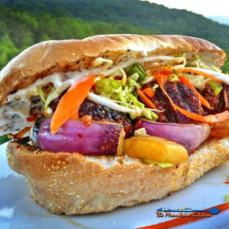 These grilled teriyaki mushroom meatball sandwiches are made with half beef and half mushrooms, with teriyaki sauce, veggies and pineapple on a toasted bun. | TheMountainKitchen.com