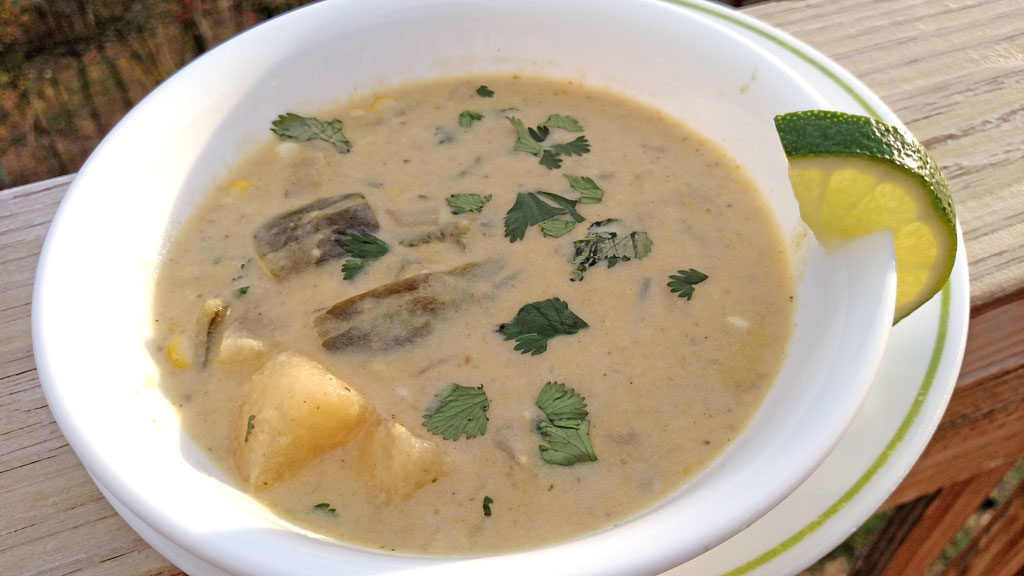 This creamy and mildly spiced roasted poblano corn chowder with poblano chili peppers comes alive when splashed with fresh lime juice just before eating. | TheMountainKitchen.com