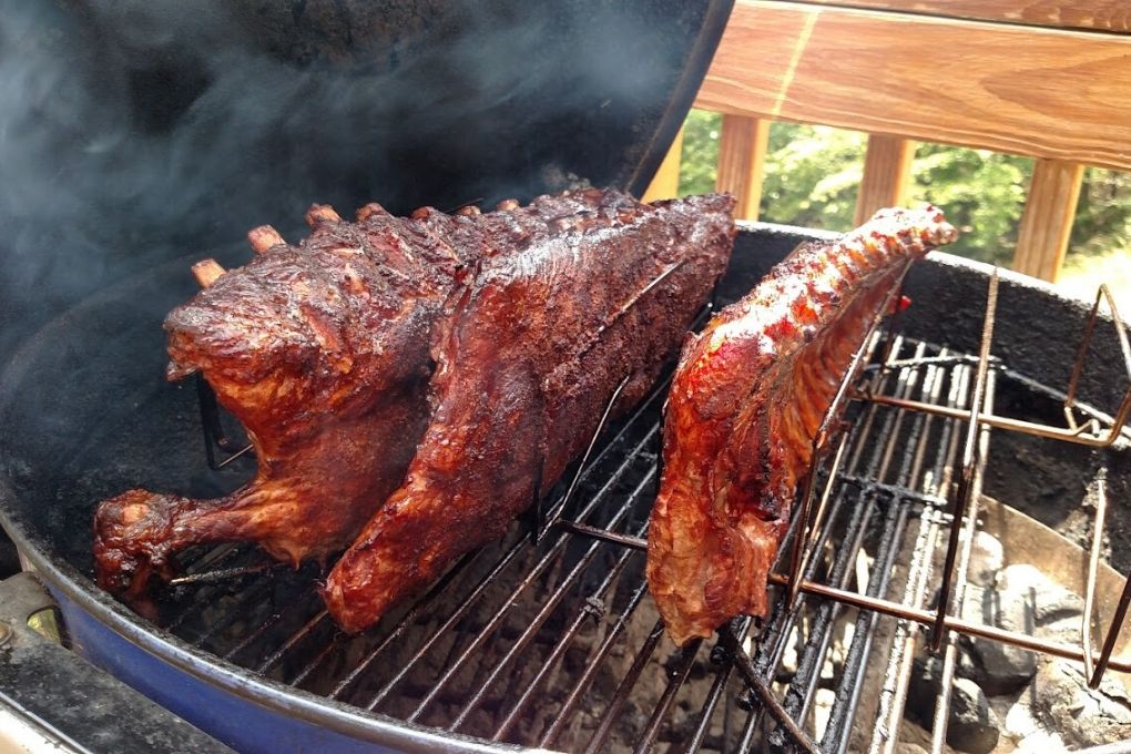 ribs in rib rack on grill