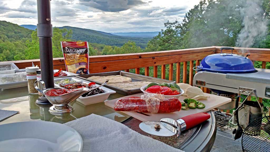 Prepared ingredients outside on the deck ready to make the pizza.